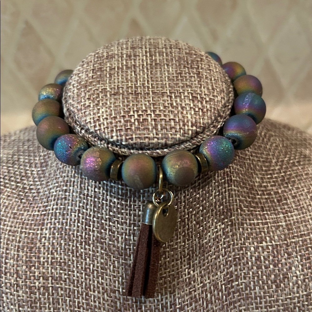 Hand Crafted Iridescent Green Purple Blue Beaded Bracelet with Brown Tassel - Picture 1 of 3